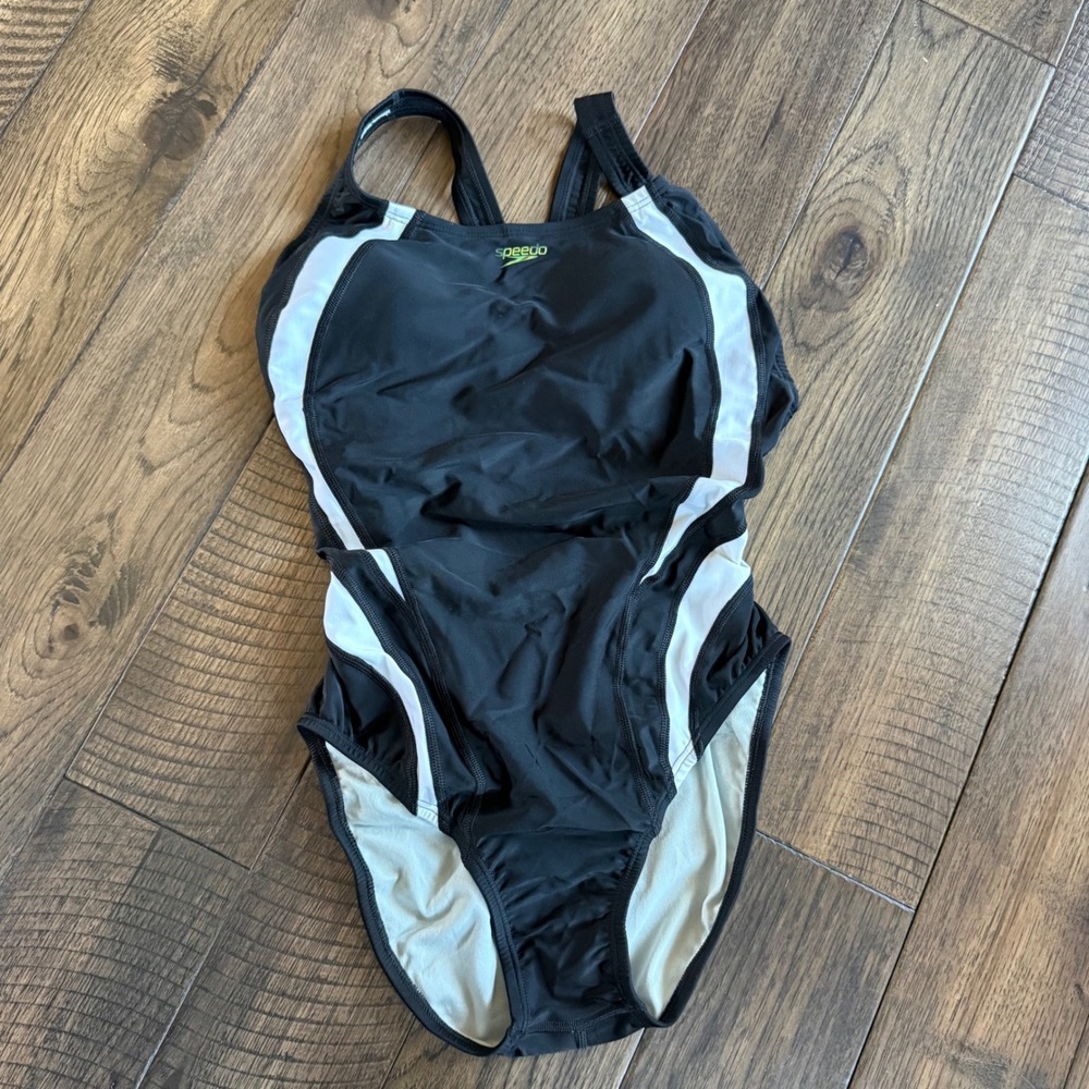 Speedo Womens One Piece Swimsuit Black White Hydrobra Athletic Training Size 10‎